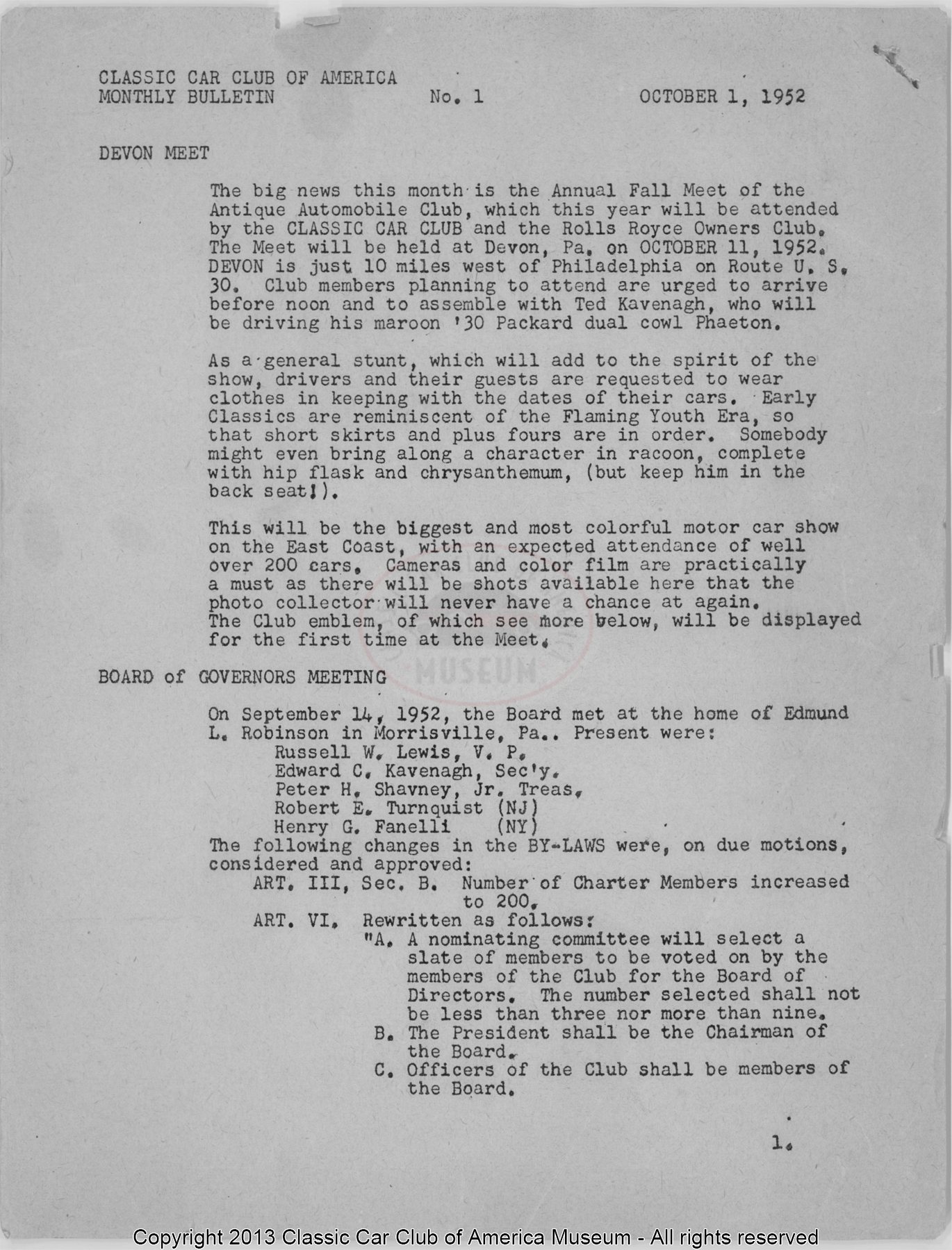 CCCA Bulletin — October 1952 cover
