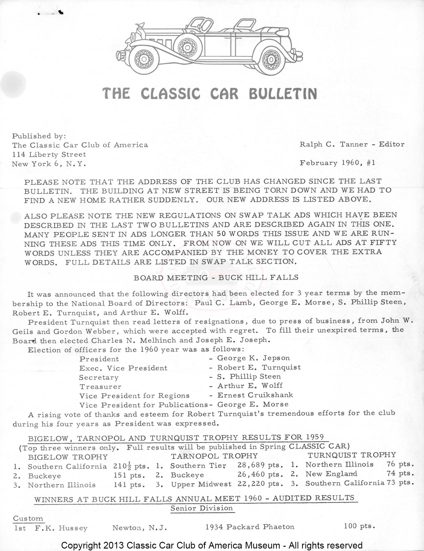 CCCA Bulletin — February 1960 cover